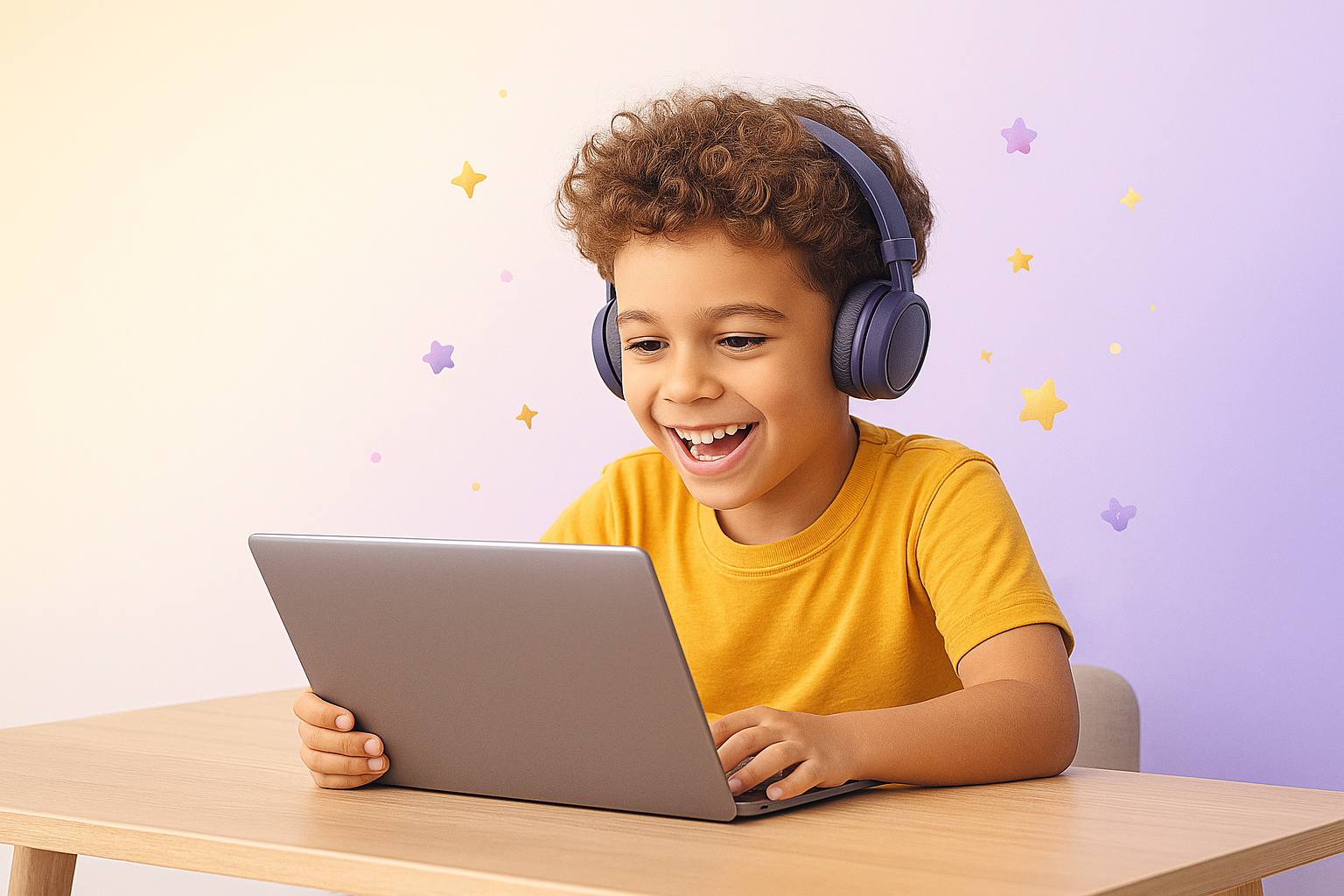 Happy child with headphones learning with SparkTrail on tablet